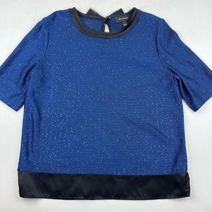 St. John Collection Blue Lightweight Paillette Knit Top w/ Black Silk Trim Bow